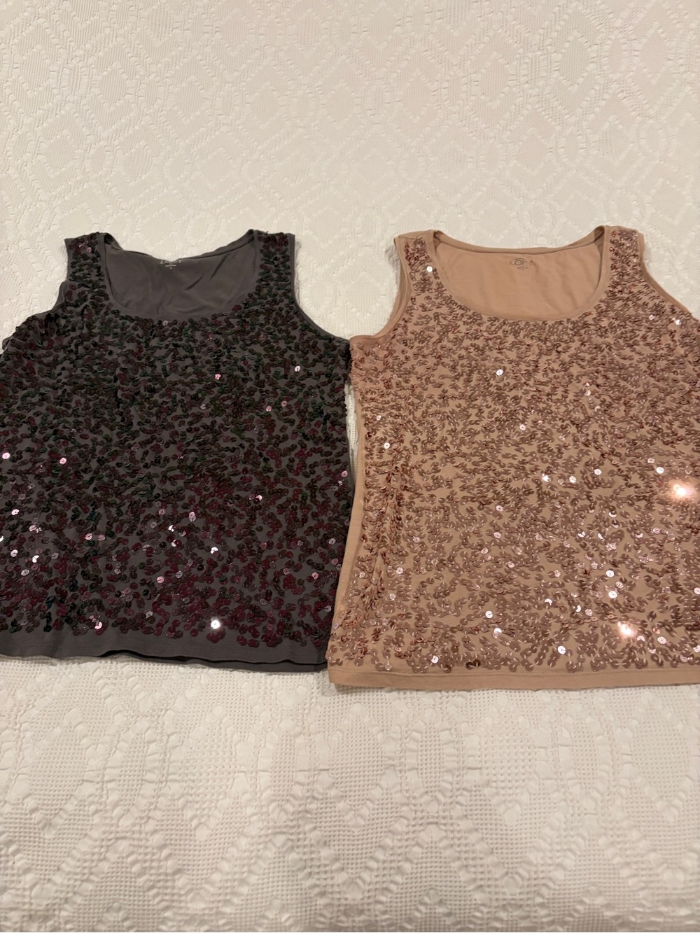 Bundle of 2 LOFT Sequin Shimmer Tank Tops: Charcoal Grey and Blush Rose Gold